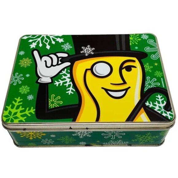 Vintage Mr. Peanut Planters Nuts Christmas Tin 9" x 7" Holiday Peanuts Container - Picture 1 of 12